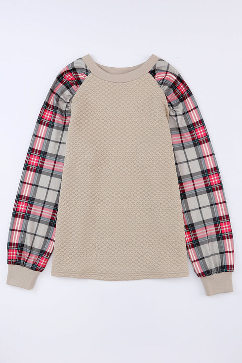 Mixed Media Quilted Body With Plaid Sleeve Pullover