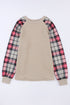 Mixed Media Quilted Body With Plaid Sleeve Pullover