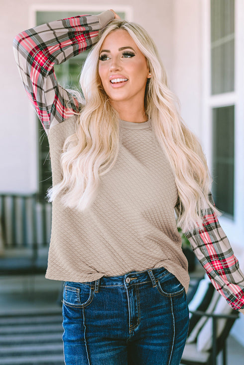 Mixed Media Quilted Body With Plaid Sleeve Pullover