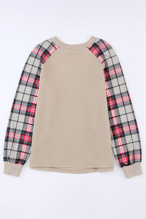 Mixed Media Quilted Body With Plaid Sleeve Pullover