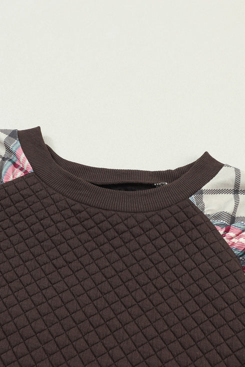Mixed Media Quilted Body With Plaid Sleeve Pullover
