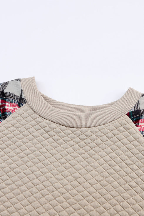 Mixed Media Quilted Body With Plaid Sleeve Pullover