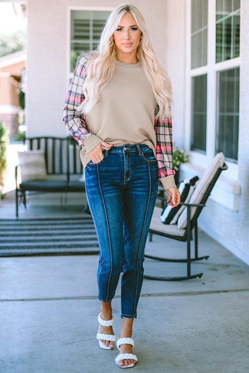 Mixed Media Quilted Body With Plaid Sleeve Pullover