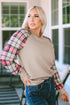 Mixed Media Quilted Body With Plaid Sleeve Pullover