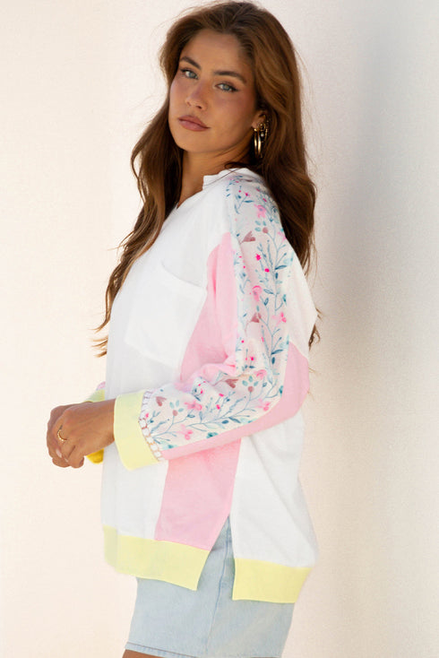 Mixed Media Raw Edge Floral Print Pullover Top