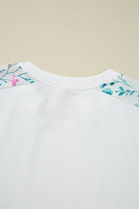 Mixed Media Raw Edge Floral Print Pullover Top