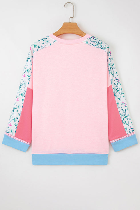 Mixed Media Raw Edge Floral Print Pullover Top