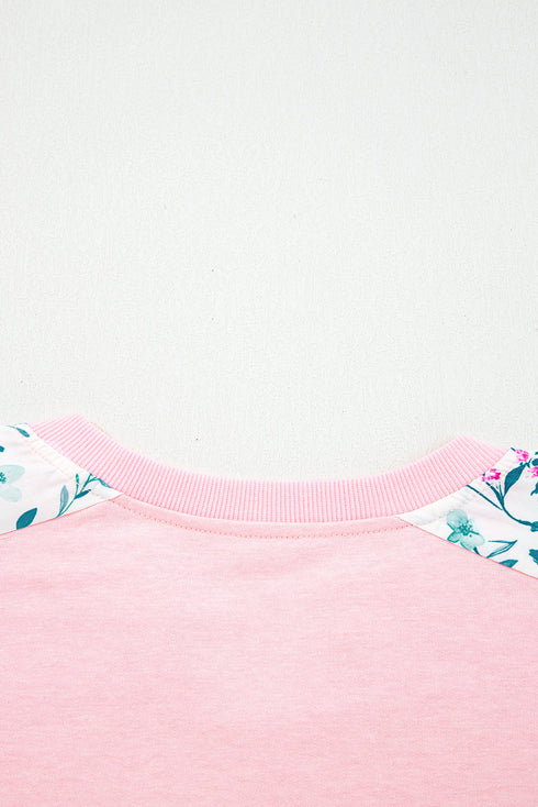 Mixed Media Raw Edge Floral Print Pullover Top