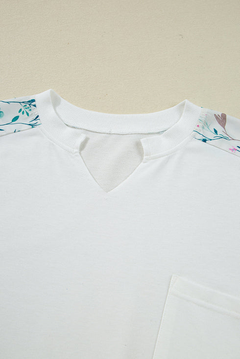 Mixed Media Raw Edge Floral Print Pullover Top