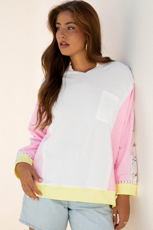 Mixed Media Raw Edge Floral Print Pullover Top