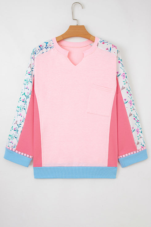 Mixed Media Raw Edge Floral Print Pullover Top