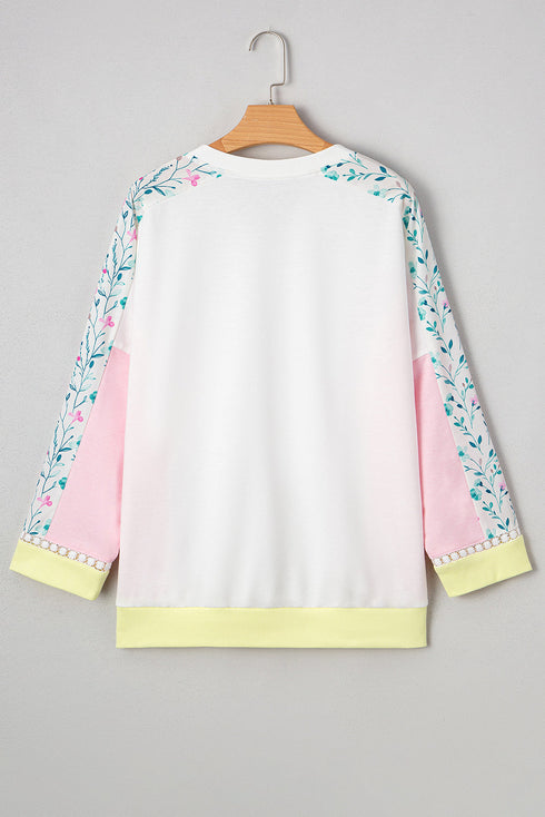 Mixed Media Raw Edge Floral Print Pullover Top