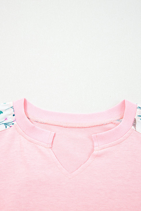 Mixed Media Raw Edge Floral Print Pullover Top