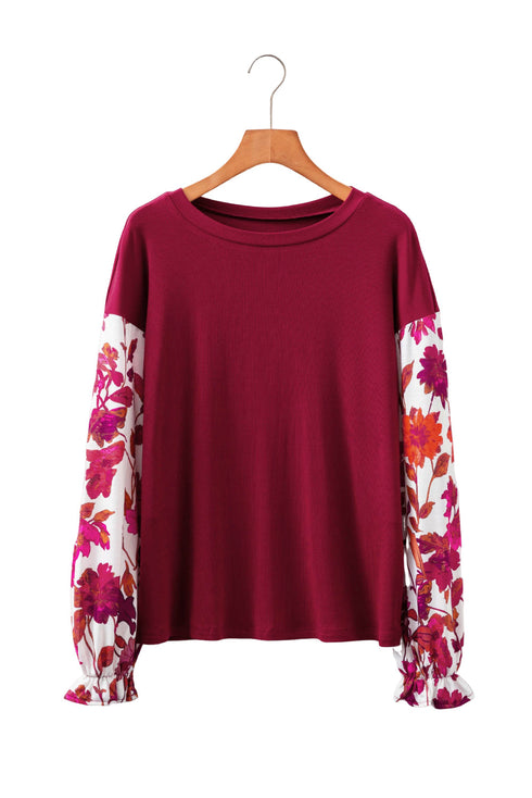 Mixed Media Ribbed Knit Floral Sleeve Top