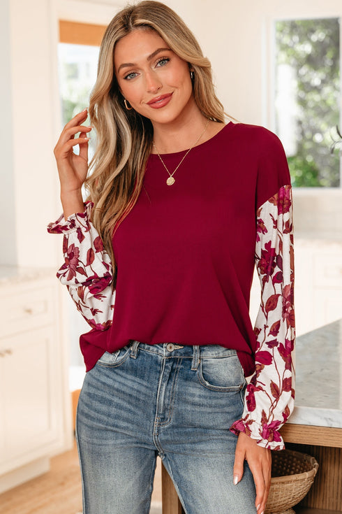 Mixed Media Ribbed Knit Floral Sleeve Top