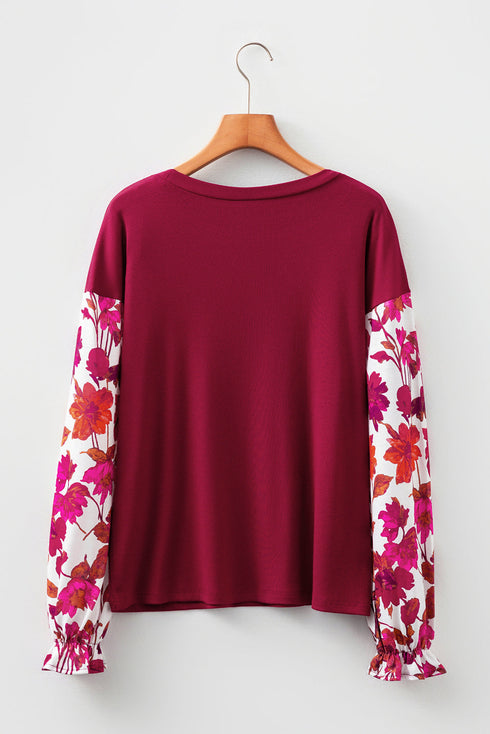 Mixed Media Ribbed Knit Floral Sleeve Top