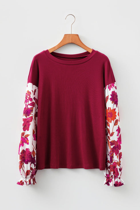 Mixed Media Ribbed Knit Floral Sleeve Top