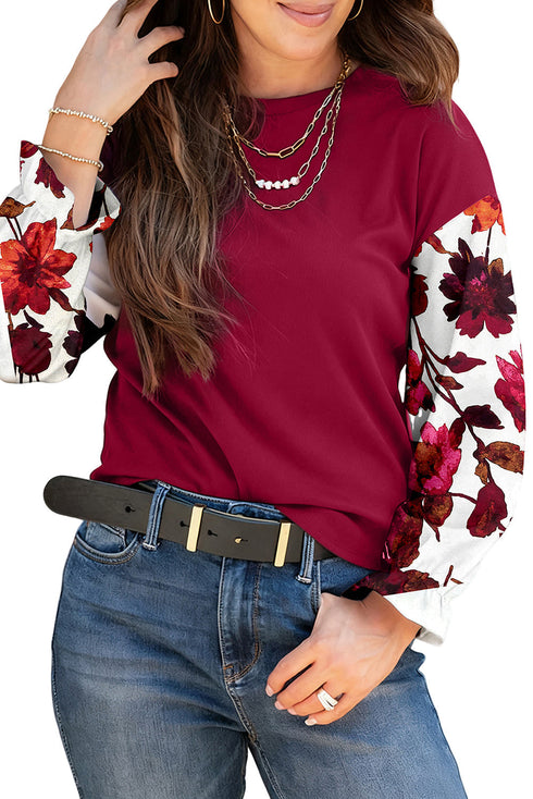 Mixed Media Ribbed Knit Floral Sleeve Top