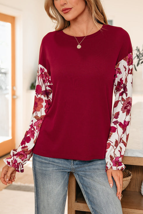 Mixed Media Ribbed Knit Floral Sleeve Top