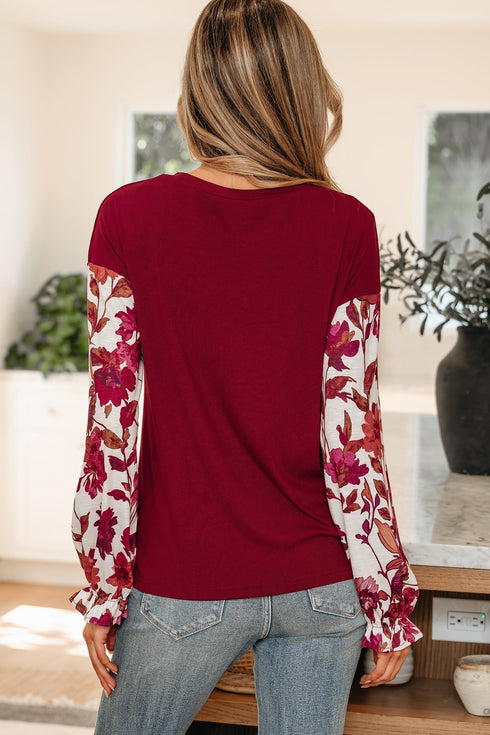 Mixed Media Ribbed Knit Floral Sleeve Top