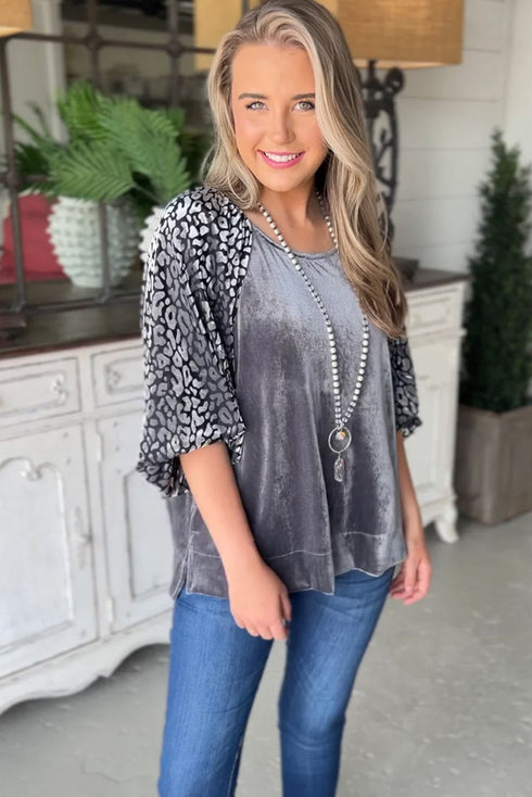 Mixed Media Velvet And Animal Print Lantern Sleeve Blouse