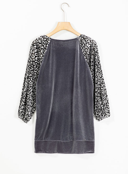 Mixed Media Velvet And Animal Print Lantern Sleeve Blouse