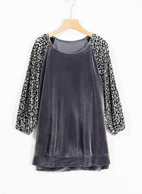 Mixed Media Velvet And Animal Print Lantern Sleeve Blouse