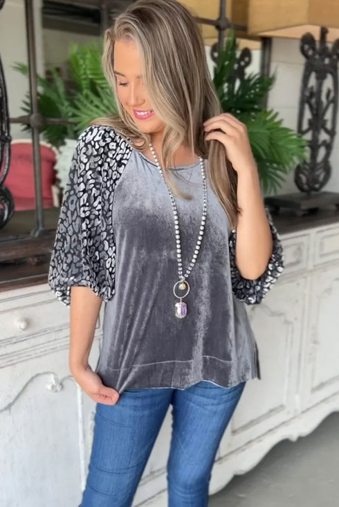 Mixed Media Velvet And Animal Print Lantern Sleeve Blouse
