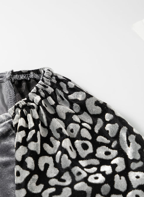 Mixed Media Velvet And Animal Print Lantern Sleeve Blouse
