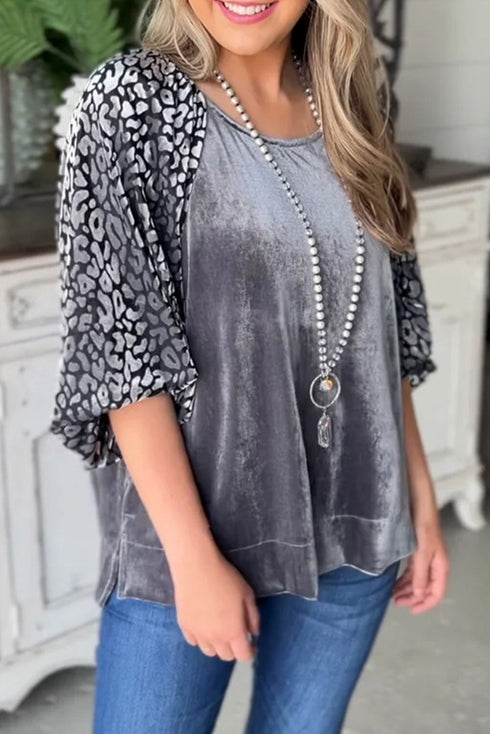 Mixed Media Velvet And Animal Print Lantern Sleeve Blouse