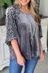 Mixed Media Velvet And Animal Print Lantern Sleeve Blouse