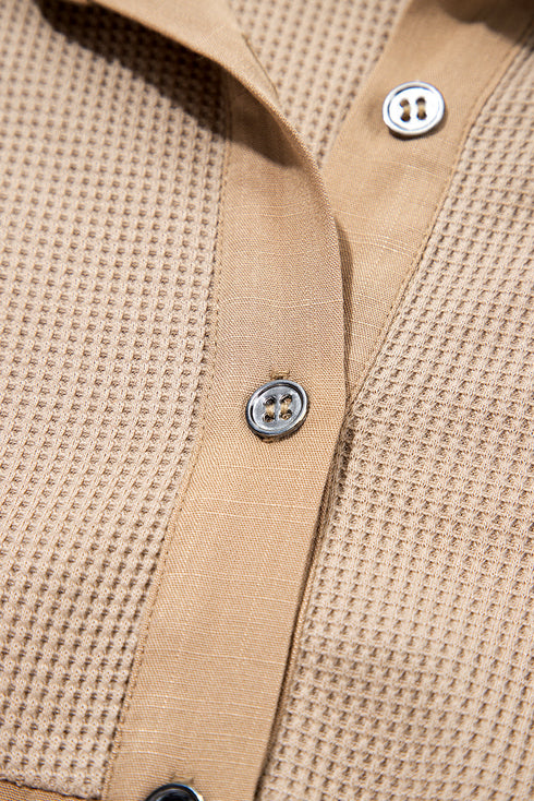 Mixed Media Waffle Knit Button Down Shirt