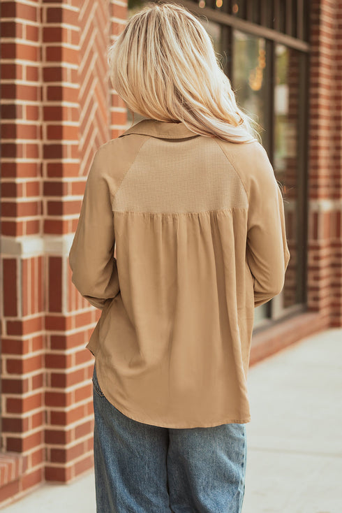 Mixed Media Waffle Knit Button Down Shirt