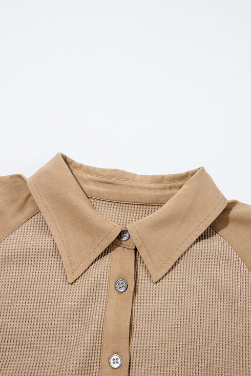 Mixed Media Waffle Knit Button Down Shirt