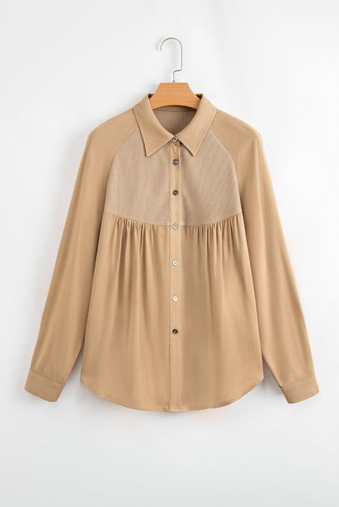 Mixed Media Waffle Knit Button Down Shirt