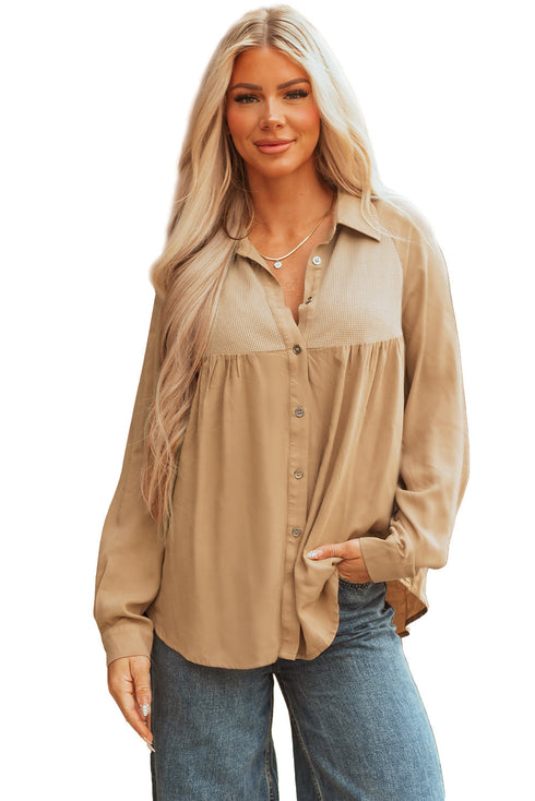 Mixed Media Waffle Knit Button Down Shirt