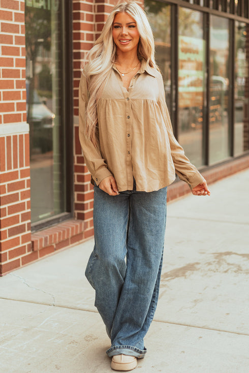 Mixed Media Waffle Knit Button Down Shirt