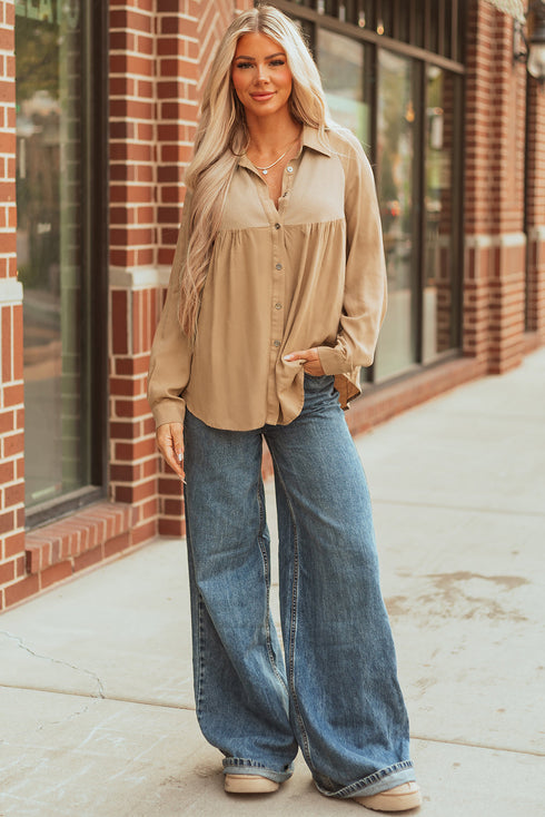 Mixed Media Waffle Knit Button Down Shirt
