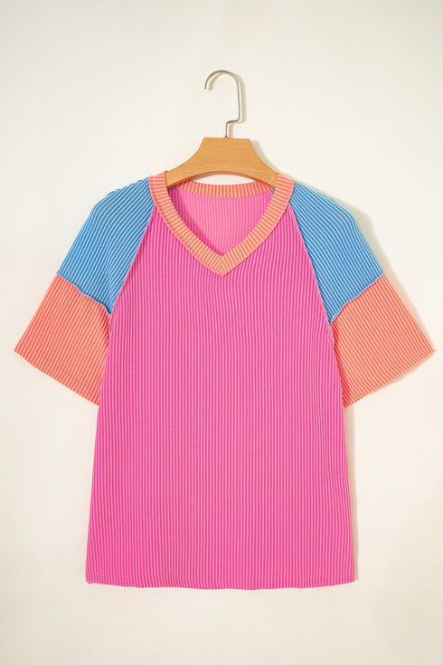 Mixed Panel Corded Texture Twisted Front Tee