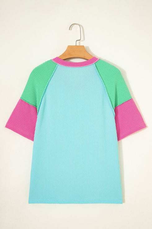 Mixed Panel Corded Texture Twisted Front Tee