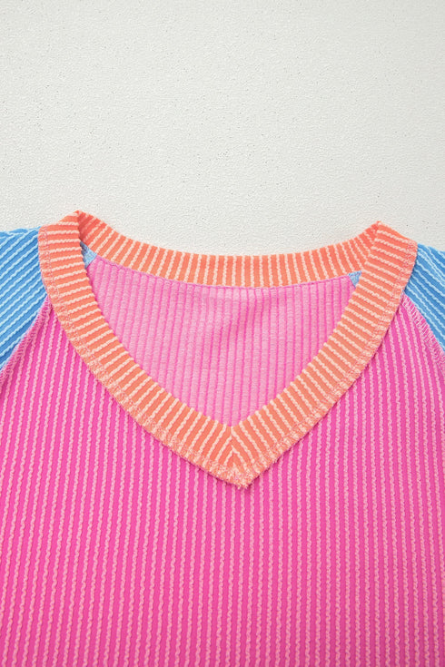 Mixed Panel Corded Texture Twisted Front Tee