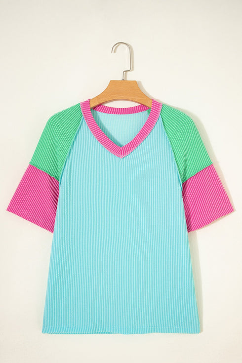 Mixed Panel Corded Texture Twisted Front Tee