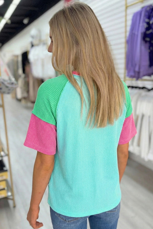 Mixed Panel Corded Texture Twisted Front Tee