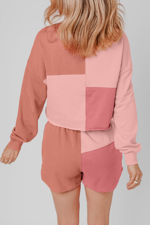 Mixed Panel Patchwork Long Sleeve Short Set