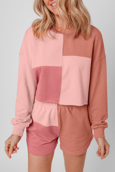 Mixed Panel Patchwork Long Sleeve Short Set