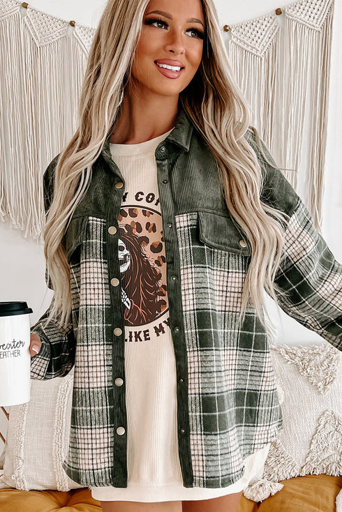 Mixed Patchwork Snap Button Casual Plaid Shacket