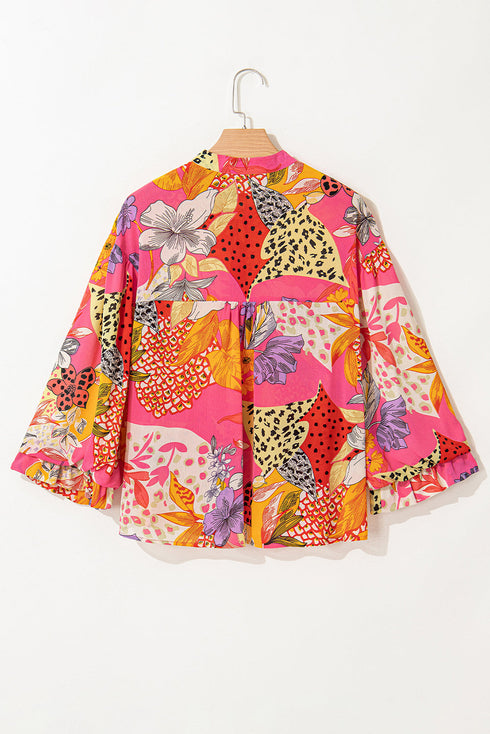 Mixed Pattern Band Collar Balloon Sleeve Blouse