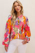 Mixed Pattern Band Collar Balloon Sleeve Blouse