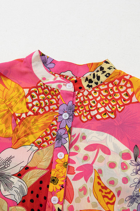 Mixed Pattern Band Collar Balloon Sleeve Blouse
