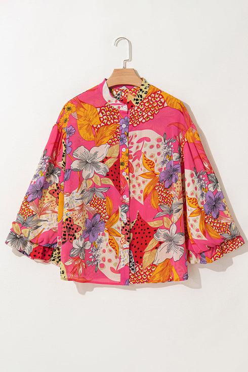 Mixed Pattern Band Collar Balloon Sleeve Blouse